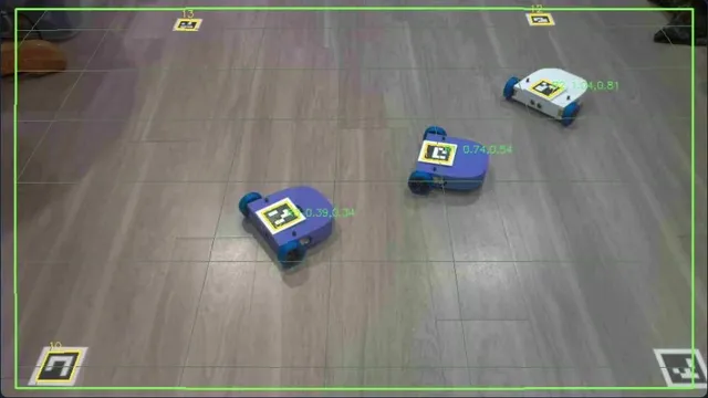 Three wheeled robots on the floor with ArUco marker outlines and position overlays